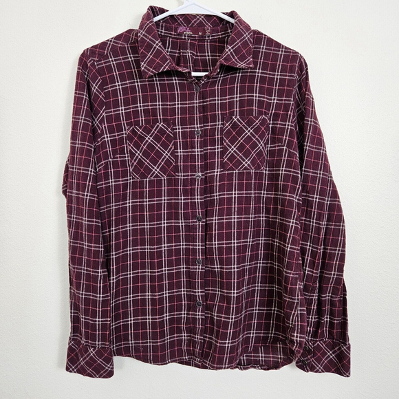 PrAna Womens Flannel Shirt Burgundy Plaid Button Up Long Sleeve With Roll Tabs M - Picture 1 of 13